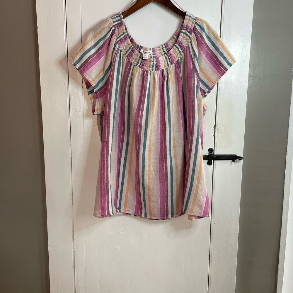 BEACH LUNCH LOUNGE Linen Cotton Blend Striped Peasant Top - Size 2X
